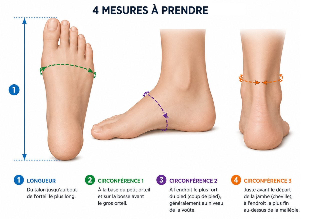 Schéma des 4 mesures à prendre : 1. longueur, du talon au bout de l'orteil le plus long ; 2. circonférence à la base des orteils ; 3. circonférence au coup de pied ; 4. circonférence de la cheville, juste au-dessus de la malléole